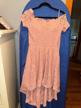 City Studio Blush Lace High-Low Off-Shoulder Dress